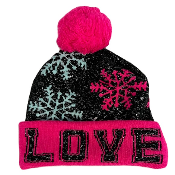Girls Sparkly LOVE Pompom Sweater Hat - Picture 1 of 6
